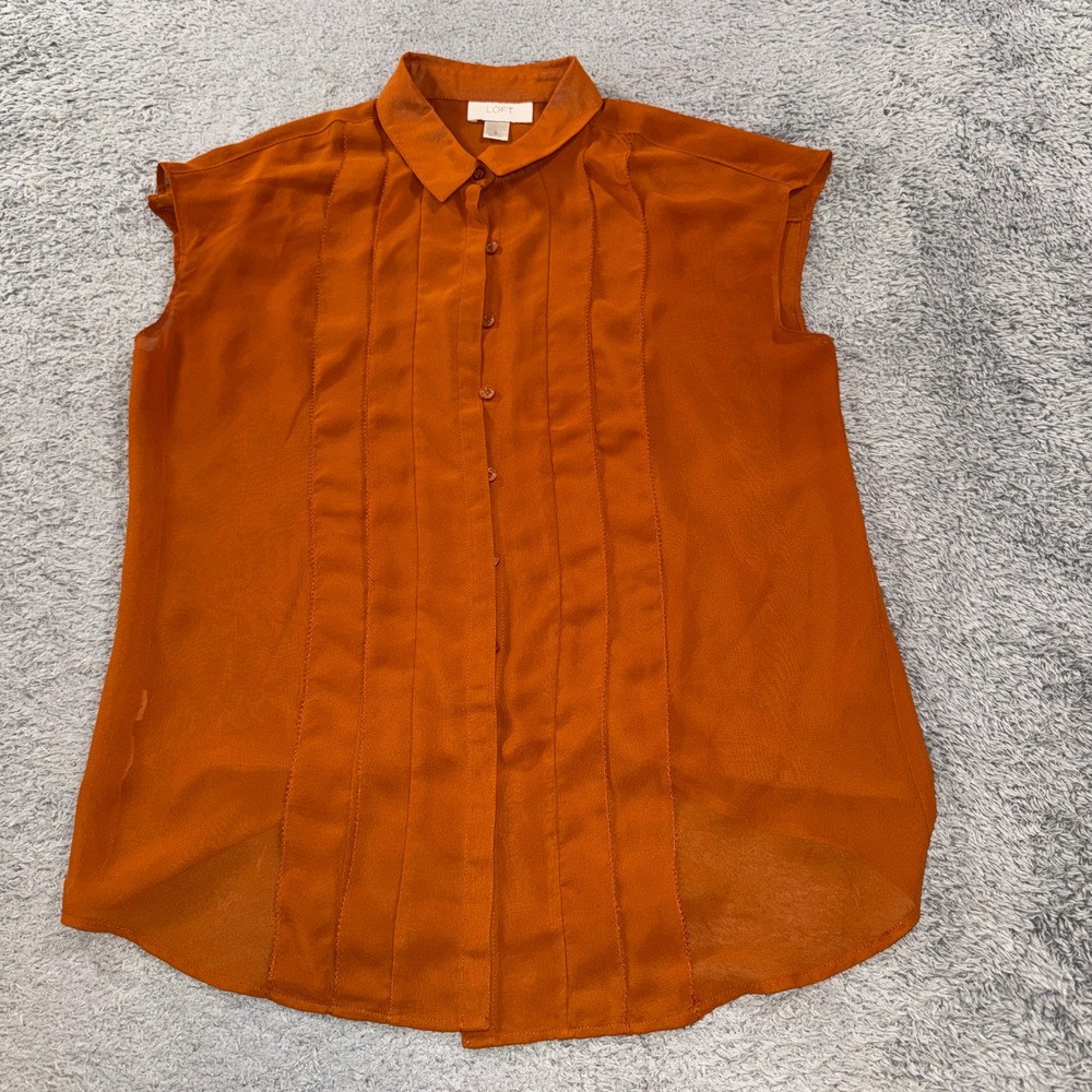 LOFT Burnt Orange Pintuck Pleated Sleeveless Button Down Blouse Top Women Size S